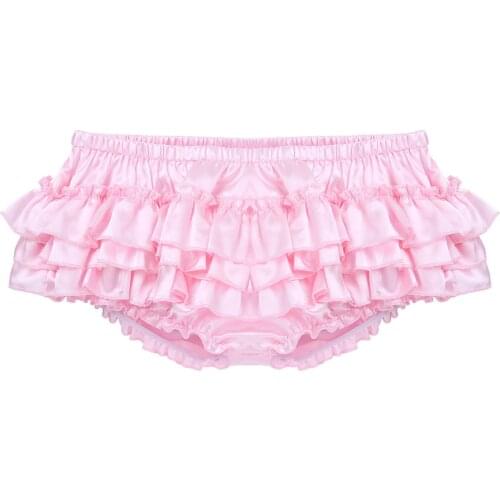 Men Erotic Underpants Lingerie Panties Gay Sissy Pink Briefs Soft Shiny Satin Ruffled Bloomer Tiered Skirted Boxers Underwear