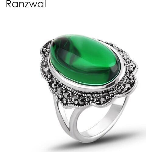 Ranzwal Vintage Green Cats Eye Stone Rings for Women Antique Silver Rhinestone Ring Opal Jewelry US SIZE 6~9