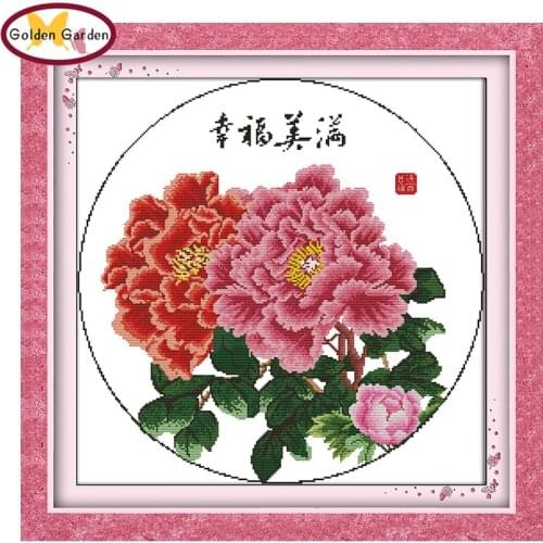 GG Happiness peony cross stitch Joy sunday needle craft counted stamped canvas flower cross stitch wedding for home decoration