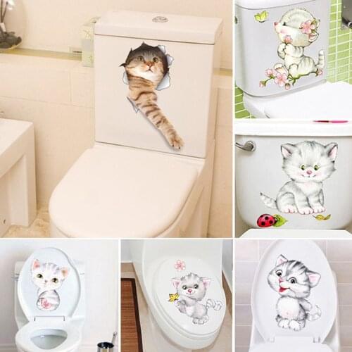Funny Cat Toilet Stickers For Wc Washroom Decoration Diy Cartoon Kitten Animal 3d Hole Wall Mural Arts Pvc Home Decals
