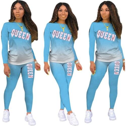 NEW 2021 2Pcs Women Casual Sportswear QUEEN Letter Print Long Sleeves Pullover+Elastic Waist Tights Pants Loungewear Set Outfit