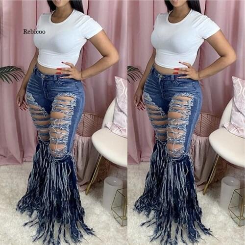 Women Tassel Ripped Jeans High Waist Jeans Vintage Flare Jeans Holes Bell Bottom Jeans Denim Pants Female Trousers Retro