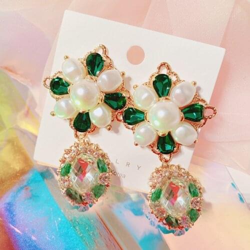 MENGJIQIAO Korean Vintage Fashion Green Crystal Flower Drop Earrings For Women Girls Elegant Pearl Oorbellen Party Jewelry