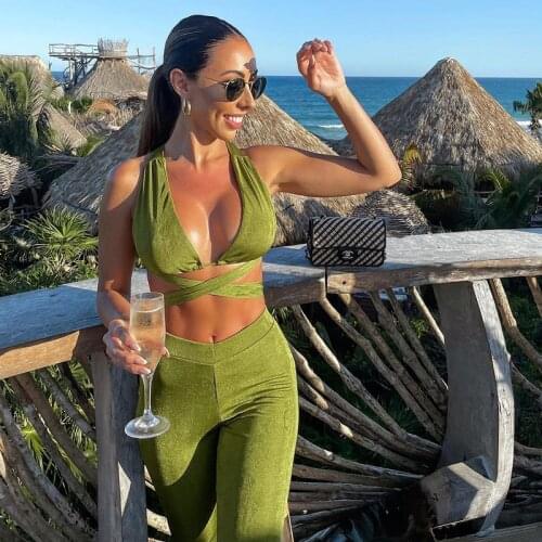 Ladies Summer Sexy Clothes Suit Women Temperament Solid Color Sleeveless Lace Up Backless Crop Top + Long Bell-bottomed Pants