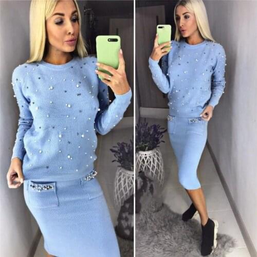 Women Two Piece Warm Set O-Neck Pearl Beading Knitted Pullover Pencil Skirt Women Elegant 2 Piece Suits