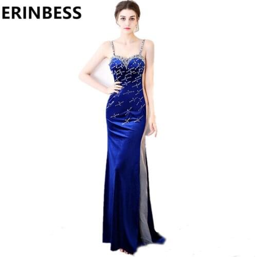 2020 Royal Blue Evening Dresses Beaded Crystal Velvet Prom Gowns Sweetheart Spaghetti Strap Robe De Soiree Party Dress