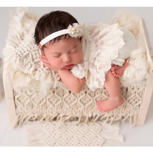 2021Hand-woven Bed Newborn Photography Props Baby White Wood Crib Basket With Tassels Shooting Assisted Solid Wood Bed Props