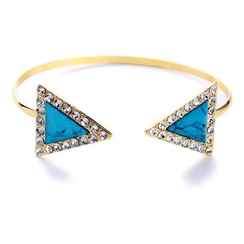 Shiny Gold Color Symmetric Triangle Charms Zircon Stone Blue Bangle For Women Cuff Jewelry 2015 Hot Sale