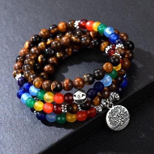 Tree Life 7 Chakra Tiger Eye Stone Bracelets Women Unisex Christmas New Year Gift Mala 108 Buddha Healing Beaded Bracelet Men