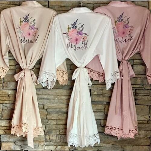 Floral dusty rose bridal shower robe custom Lace satin bride robes bridesmaid nightgown Bathrobe proposal gift wedding keepsake