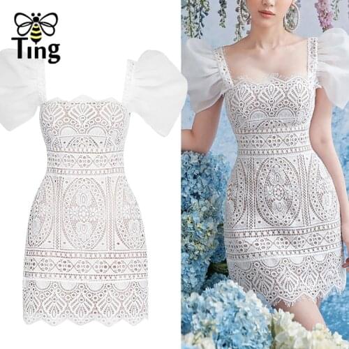 Tingfly Designer Fashion Emboridery Lace White Mini Bodycon Sexy Party Night Dresses Vintage Puff Sleeve Casual Curve Mini Dress