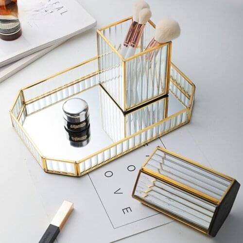 European Vintage Glass Mirror Trays Decorative Gilded Copper Strip Jewelry Cosmetic Display Tray Makeup Brush Storage Holder