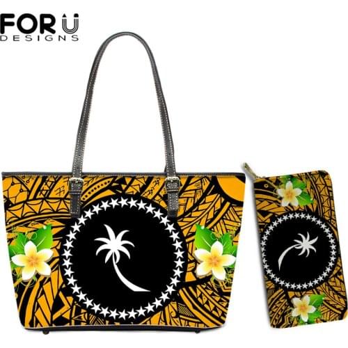 FORUDESIGNS Chuuk With Polynesian Tattoos Design High Quality Pu Leather Handbags Set for Ladies Fashion Womens Clutch Tote Bag
