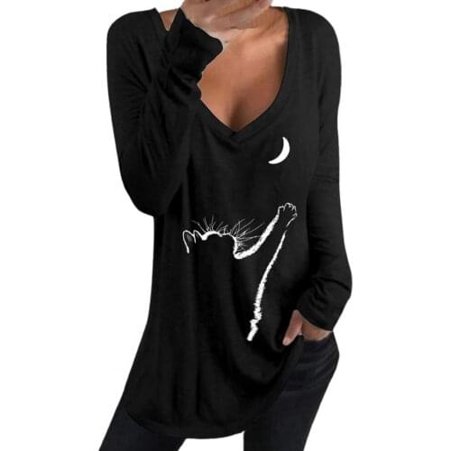 Womens T-shirt Long Sleeve Cats Moon Print Cotton Blend Fashion Deep V Neck Top for Spring Female Casual Shirt Tops Plus size