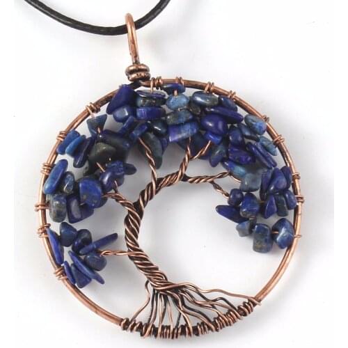 KFT Red Bronze Natural Lapis Lazuli Tree of Life Stone Pendant Necklace With Black Rope Chain Stones Jewelry
