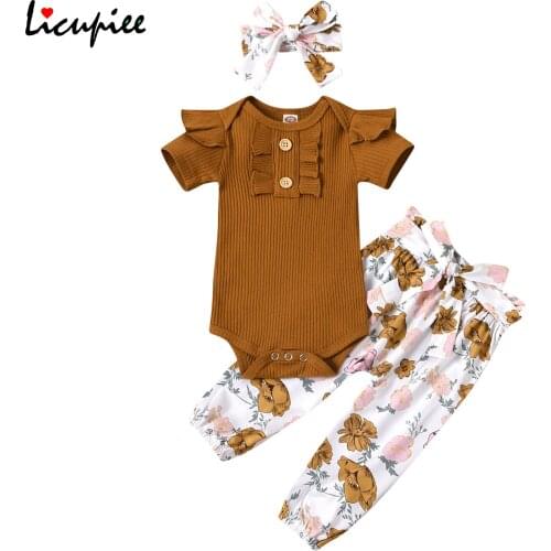 0-24 Months Infant Baby Girls 3 Pcs Outfits Suits Short Sleeve Solid Color Ruffle Tops + Floral Printed Long Pant + Headband Set