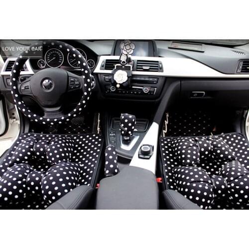 Leather Car Neck Rest Pillow Shifter Hand Brake Covers Set Dot Cute Steering Wheel Cover Girls Women Auto Interior Accessories