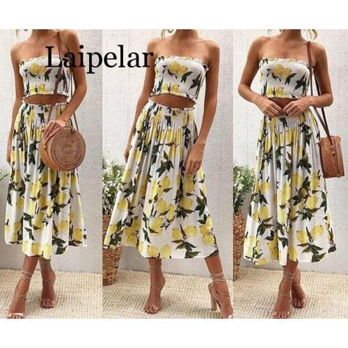 Laipelar Women fold print 2 piece set summer for female women tube tops crop top two piece set skirt sexy backless two piece set