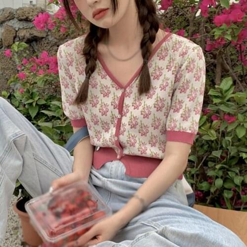 Summer Retro V-Neck Solid Color T-Shirt Printing Single Row Buckle Short-Sleeved Casual Knit Cardigan Top