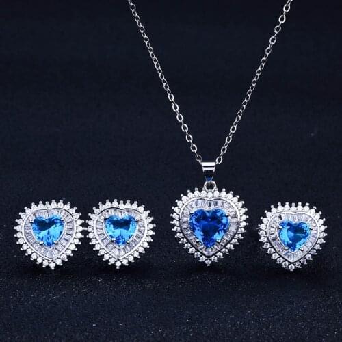 925 Silver Fashion Heart Pendant Necklace Dazzling AAA Cut Cubic Zircon Exquisite Earrings Women Romantic Eternity Wedding Rings