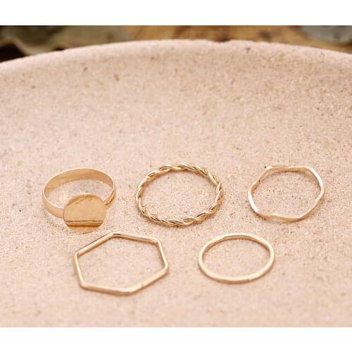5pcs Vintage Gold Color Round Geometric Rings Set for Women Bohemia Twist Open Ring Joint Ring Original Design Female Jewelry