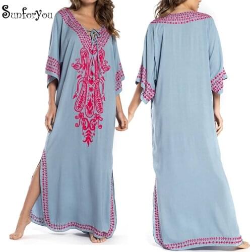 Embroidery Cotton Beach Cover up Women Dress Saida de Praia Pareo Bikini cover up Robe de Plage Beachwear Tunic Salida de Playa