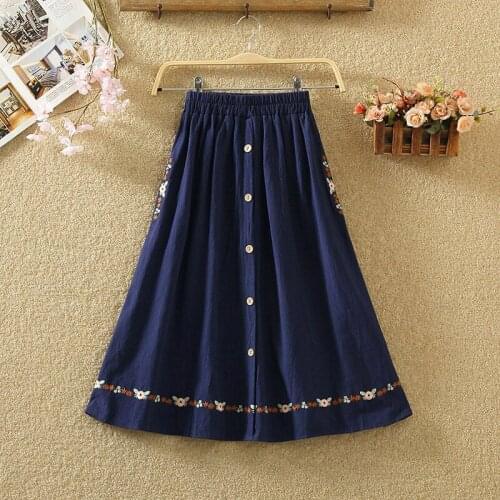 Summer New Arrival Cotton Linen Skirt Female Ethnic Style Retro Embroidery Elastic Waist Womens Pplus Size A-line Skirt aq624