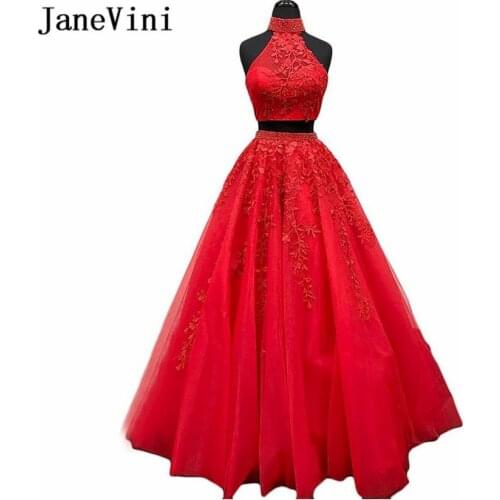 JaneVini Charming Tulle Red Prom Dress Long High Neck Appliques Beaded Backless A Line Plus Size Two Piece Gown Vestidos Largos