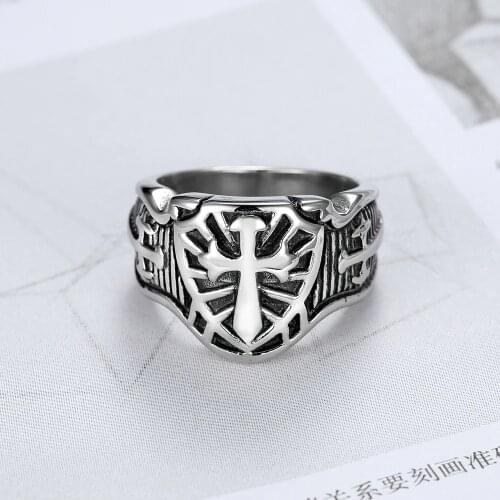 Punk 316L Stainless Steel Armor Shield Ring Knight Templar Crusade Cross Sword Christian Jewelry Medieval Signet Mens Rings