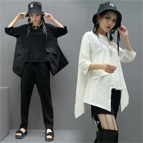 European and American personality solid Color Patchwork cloak loose womens t-shirt fashion tag with large size
