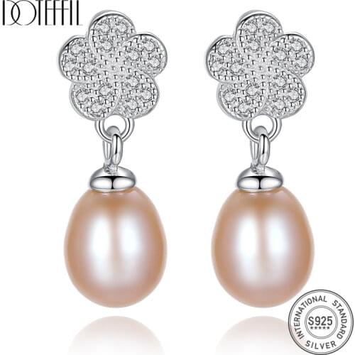DOTEFFIL Earrings 925 Sterling Silver Flower pattern Natural Freshwater Pearl Earrings Pearl Jewelry Women Wedding/Party Gift