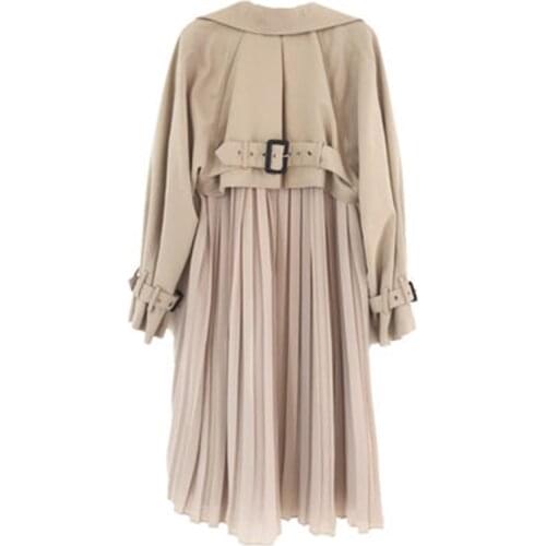 Fashion Womens Trench Coat Spring Autumn Coat Khaki Navy blue Ladies Windbreaker Mid-length Pleated Casual Outwear With Belt To