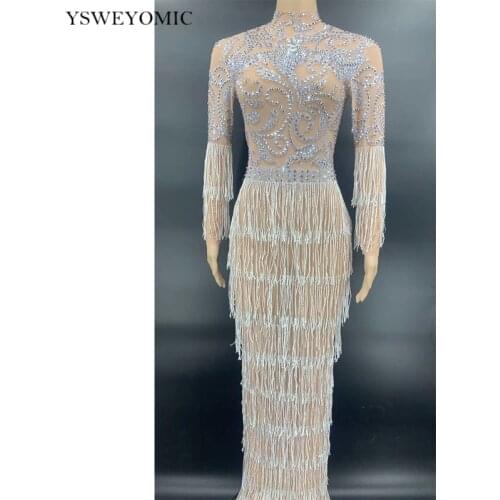 Party Long Dress Silver Rhinestone Fringe Birthday Celebrate Transparent Mesh Dress Sexy Tassel Stage Costume Luxury Outfit