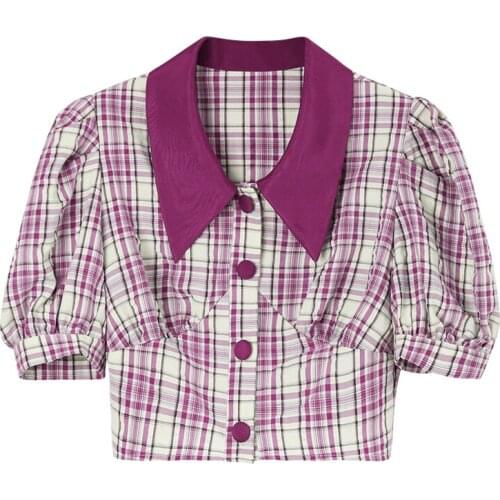 PERHAPS U Women Plaid Shirt Turn Down Collar Single-breasted short cropped short sleeve fuchsia yellow red