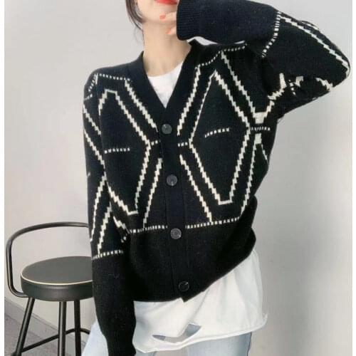 Sweater Womens Spring And Autumn New Fashion Leisure Loose Coat Net Red Diamond Lattice Lazy Style Cardigan Women