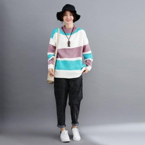 2019 new large size womens autumn and winter loose hooded bottom coat striped color long sleeve high collar knit sweater