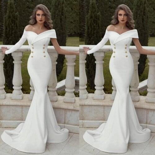 Chic Mermaid Wedding Dress 2020 Off the Shoulder Ruffles Sweep Train Vestidos De Novia Buttons robe de soiree