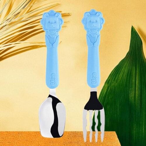 2Pcs/Set Creative Solid Colors Baby Spoon Fork Cartoon Animal Anti-scald BPA Free Kids Training Dinnerware Set for Toddler