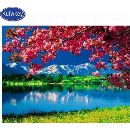 DIY 5d Diamond Painting cross stitch pink SAKURA lake diamonds full Square Round Diamond Embroidery sale home decor gift