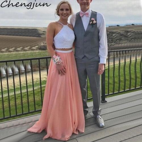 Chengjun Popular Two Tone 2 Piece Halter Sleeveless A Line Long Bridesmaid Dress