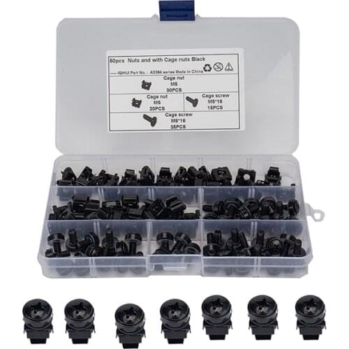 50PCS Black M5 Cage Nuts and Mounting Screws Washers Assortment Kit Replacement For Server Rack Cabinet Repair Tool Parts
