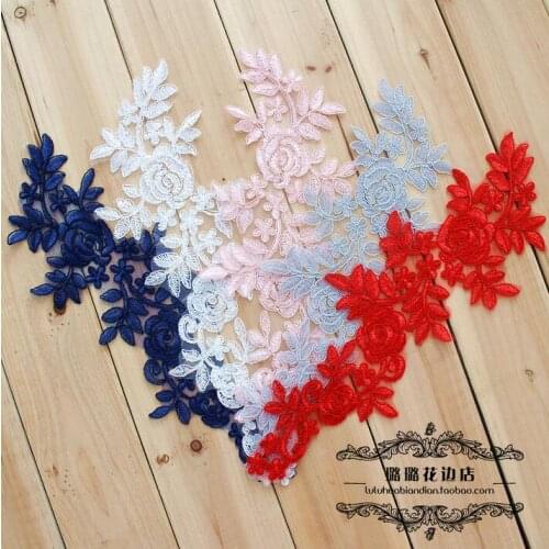 5 Pairs 37*11cm Hot New Long Laces Applique Trims Sewing DIY Craft Pretty Blue/Red/Pink/Gray/Off White Flower Embroidery Patches