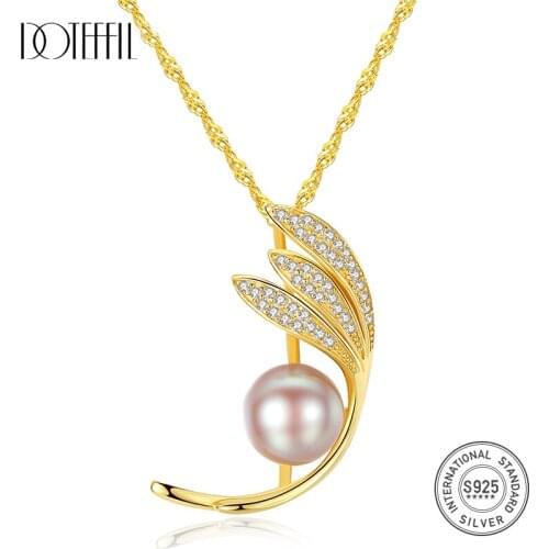 DOTEFFIL 100% 925 Silver Necklace Chain Natural Freshwater Pearl Fine 9-9.5MM Pearls Pendant Necklace Women Jewelry Lady Gift