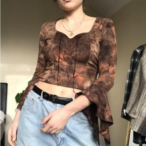 Y2K Aesthetic Tie Dye Graphic T-shirt Flare Sleeve Autumn Women Crop Top 2000s Retro Brown Fairy Grunge Sweats Tees Shirt