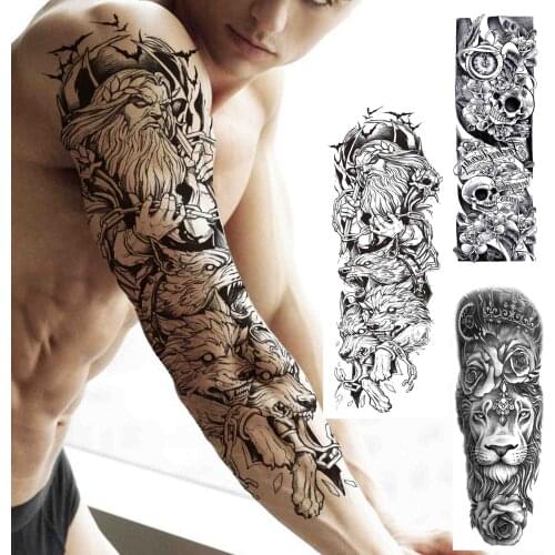 God Warrior Wolf Temporary Tattoos Sleeves For Men Boy Adult Black Full Arm Tattoo Sticker Fake Lion Rose Tatto Extra Large 3D