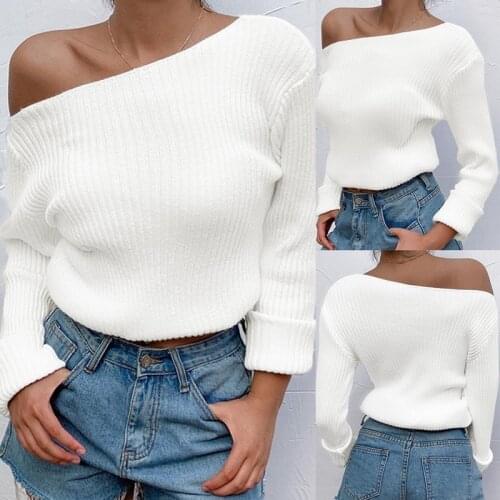 Hot kf-Autumn WomenS Sweater Sexy Irregular Oblique Neck One Shoulder Off Shoulder Tight Sweater