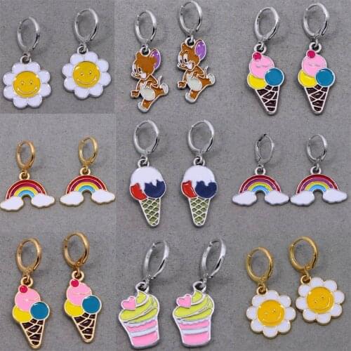 Dainty Colorful Smiley sun flower rainbow ice cream butterfly unicorn Earrings for Women,Gold Hoop Earrings
