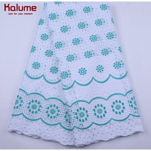Kalume Holes Nigerian Swiss Cotton Voile Lace Fabric Cyan African Dry Lace Fabric With Stones For Nigerian Sewing Party F1931