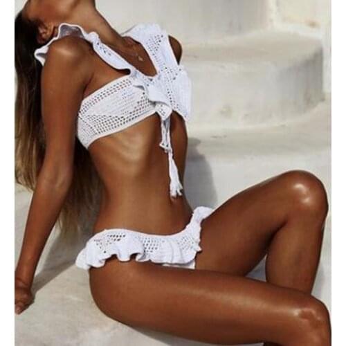 Crochet Lace Up Bikini Set New Women Ruffles Push Up Brazilian Bathing Suits Off Shoulder Bralette Strappy Falbala Swinwear