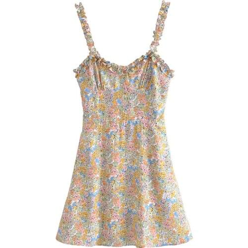 Summer Vintage Floral Printed Mini Dress Chic A Line Spaghetti Strap Dress Lady Sleeveless Backless Beach Party Sundress